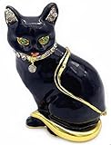 JWT Astyle Luxury Black Cat Hinged Jewelry Box with Crystals.Hand Painted Cat Figurine Trinket Box .