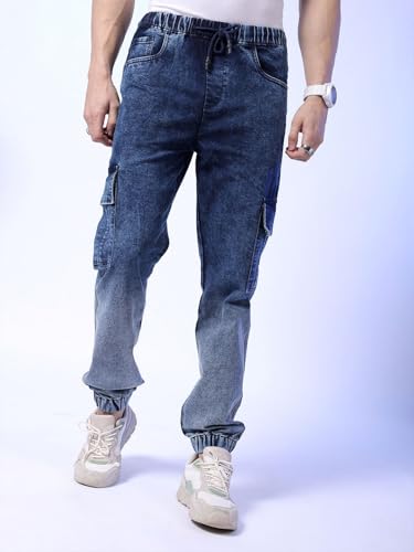 Image of The Indian Garage Co Men Regular Fit Solid Mid-Rise Stretchable Denim Cargo Joggers