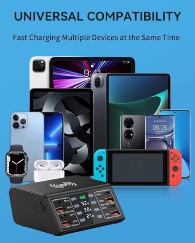 Image of USB Charging Station,100W 8-Port Charging Station for Multiple Devices with 4 QC3.0+4 USB-C PD Ports,Wireless Charger,Multi Fast Charging Hub Charger Station for 1Phone,Sam.Sung, 1Pad (838W 100W)