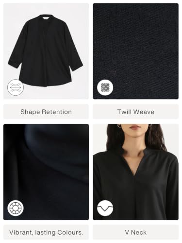 Image of SAADAA Top for Women, Viscose Pleated Tops, V-Neck with a Collar, 3 /4 Sleeve Length, Office & Casual Wear
