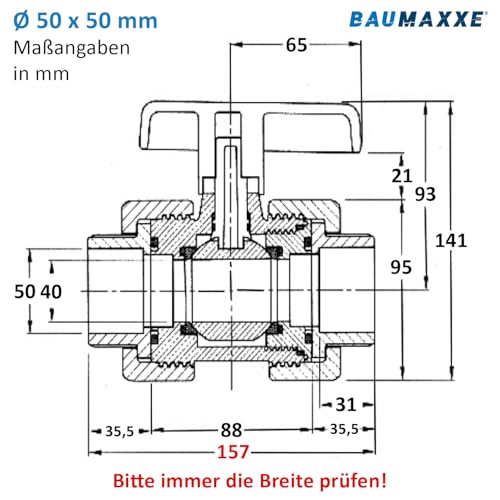 Baumaxxe PVC Kugelhahn 50mm I Absperrhahn 1 1/2 Zoll 2-Wege mit 2x Klebemuffe und Verschraubung radial ausbaubar I Für Poolverrohrung Teich Aquaristik Entwässerung Bewässerung I bm116