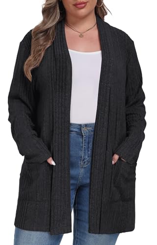 OLRIK Plus Size Cardigan for Women Long Sleeve Open Front Easy to Wear Casual Knit Sweaters with Pockets Loose Outwear Black-4X