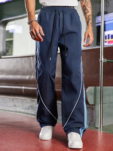 ZAFUL Mens Wide Leg Casual Pants Drawstring Letter Print Color Block Side Stripes Loose Fit Pockets Sweatpants4