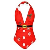 Sprowallow Santa Belt Women's One Piece Swimsuits Tummy Control V-neck Bathing Suits Sexy Leaky Back Halter Christmas Swimwear