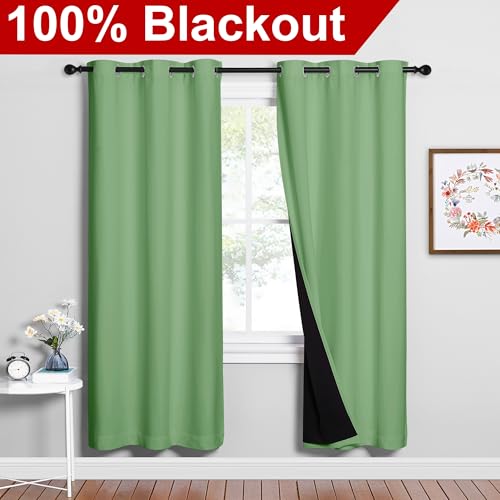 Image of NICETOWN 100% Blackout Window Curtain Panels, Forest Green, 2 Pieces, 42-inch Wide Per Panel, Full Light Blocking Drapes with Black Liner for Nursery, 72-inch Drop Thermal Insulated Draperies