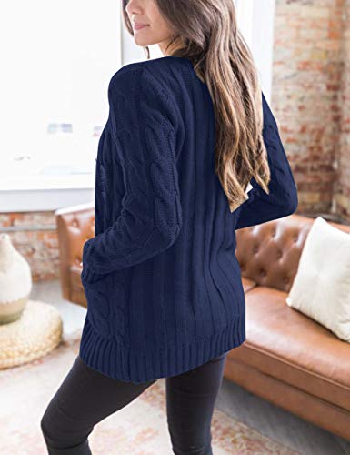 Merokeety Women's Long Sleeve Cable Knit Sweater Open Front Cardigan Button Loose Outerwear Navy #TOP1