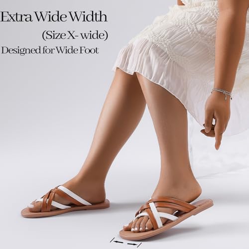 Image of Luoika Women's Wide Width Flat Sandals, Flip Flop Slides Sandal Casual Strapy Sandal Slip on Summer Beach Shoes for Women.
