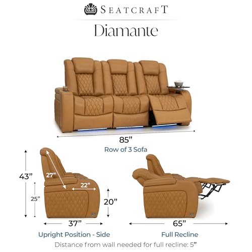 Image of Seatcraft Diamante Tan Oak Italian Leather Home Theater Seating, Zero Gravity Power Recliner Gaming and Home Office Chair, Powered Headrest Lounge Sofa Furniture for Cinema Room, Row of 3 Sofa