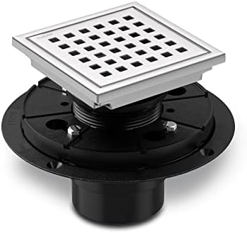 TVANE 4 Inch Square Shower Drain with Flange Removable Quadrato Pattern Grate, Brushed 304 Stainless Steel, Includes Floor Drain Base Hair Strainer,Brushed Nickel
