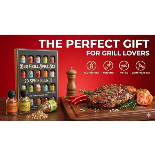 Image of BBQ Grill Spice Set 20 Pack Glass Bottles Gourmet Seasoning Variety Rubs for Steak Chicken and Grilling BBQ Gift for Men Dad Husband Grill Master Kit for Birth Day Birthday Cooking and Outdoor
