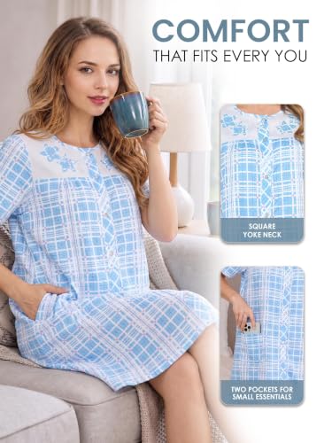 Image of Casual Nights Women's Snap - Front House Dress Short Sleeve Woven Housecoat Duster Lounger Robe with Pockets