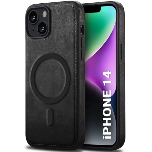 Image of TheGiftKart Genuine Leather Finish Back Cover Case for iPhone 14 | Shockproof Design | Raised Edges for Camera & Screen Protection | Stunning Minimalist Design Case Cover (MagSafe Compatible, Black)