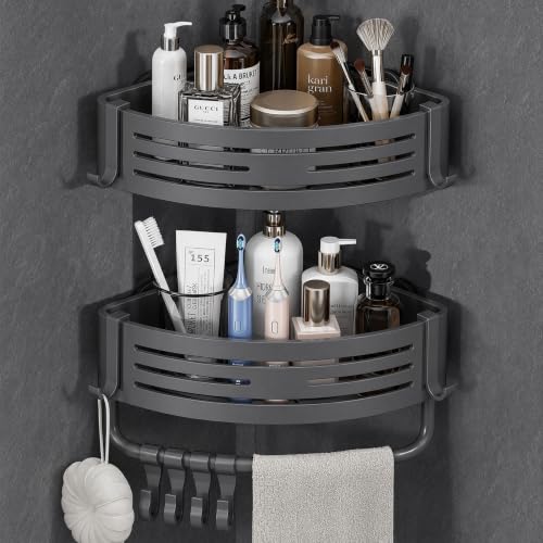 Corner Shower Caddy Suction Cup 2pcs Gray, Stainless Steel Shower Shelves | Triangle Corner Organizer with Towel Bar Hooks – Stainless Steel, No-Drill Adhesive, Removable Bathroom Storage
