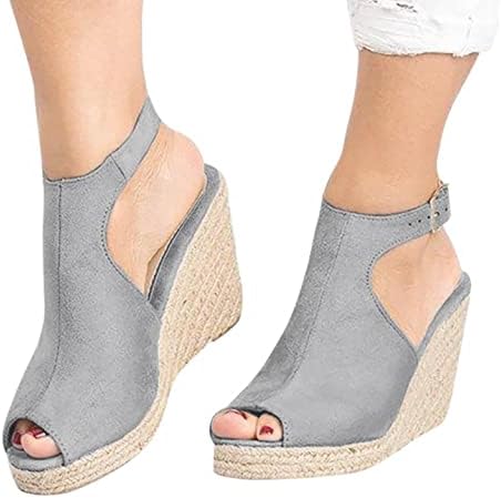 FABIURT Platform Sandals, Rhinestone Sandals, Women's Topic Open Toe Buckle Ankle Strap Espadrille Synthetic Sandals Gray