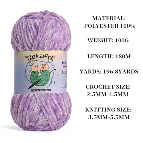 Image of 3 Pack of 300g (590yds) Fuzzy Chenille Yarn for Crocheting,Fluffy Amigurumi Crochet Yarn for DIY Craft /Hat /Clothes, Soft Velvet Baby Blanket Yarns（3 Light Purple）
