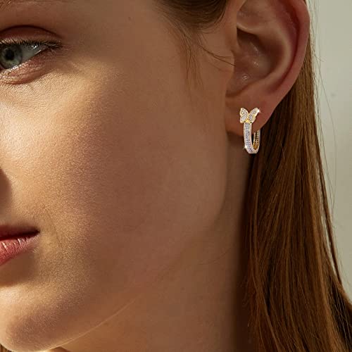 18k Gold Women's Small Gold Butterfly Hoop Earrings, Shining White Cubic Zirconia Geometry Beads Butterfly, Simple Lightweight Hoops Gift for Women3