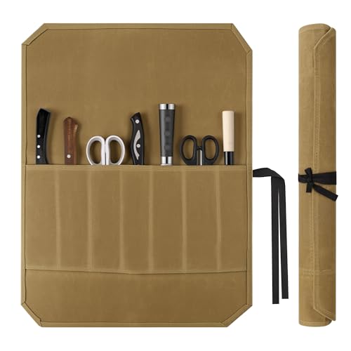 Hahorpa Chefs Knife Roll Bag Waterproof Canvas Chef Bag with 7 Slots Heavy Duty Waxed Knife Roll for Chefs Suitable for Outdoor Camping Hiking Ideal Gifts for Men Fathers