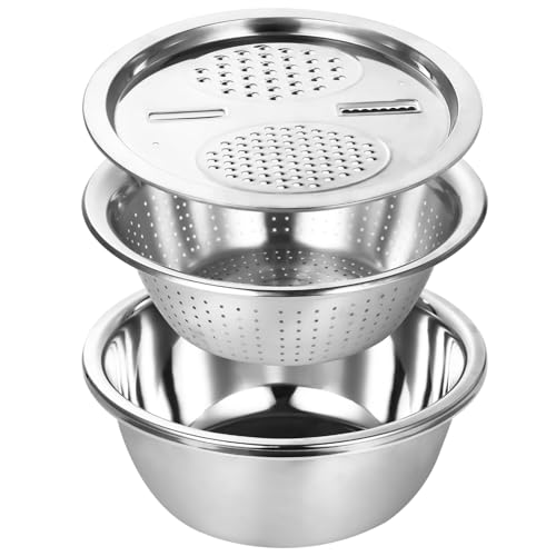 Multifunctional Stainless Steel Basin with Grater 11 Inch Salad Maker Bowl Vegetable Slicer Shredder Colander Stainless Steel Grater Bowl Set for Kitchen
