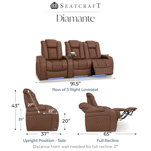Image of Seatcraft Diamante Tobacco Italian Leather Home Theater Seating, Zero Gravity Power Recliner Gaming and Home Office Chair Powered Headrest Lounge Sofa Furniture Cinema Room, Row of 3 Right Loveseats