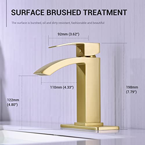 Brushed Gold Waterfall Bathroom Faucet Single Handle Waterfall Vanity Sink Faucet With Cupc Water Supply Hoses Pop Up Drain Assembly And 6-Inch Deck Plated, Matte Gold #TOP3