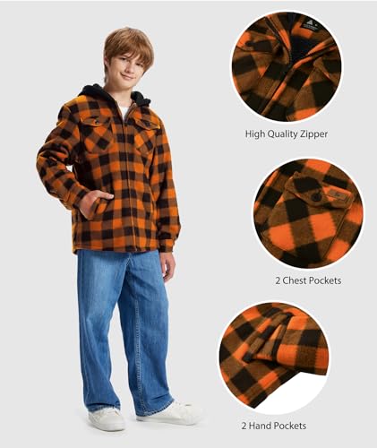 ZITY Boys Flannel Shirt Jacket Fleece Sherpa Lined Plaid Jackets Unisex Coat Full Zip Hoodie Girls Winter Outwear 6-15 Years3