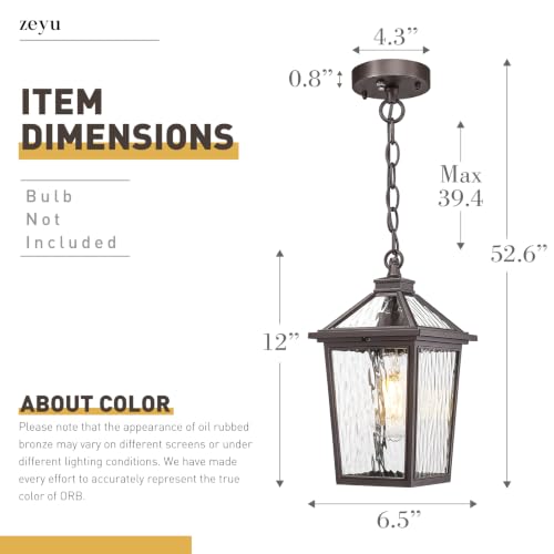 Image of zeyu 12 Inch Dusk to Dawn Outdoor Hanging Light, Outside Hanging Light for Patio, Die-Cast Aluminum with Water Ripple Glass, Oil Rubbed Bronze Finish, ZX58H-PC ORB-SW