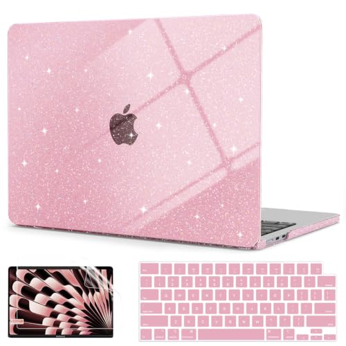 G JGOO Compatible with MacBook Air 13 inch Case 2026 2025-2022 M5 A3449 M4 A3240 M3 A3113 M2 A2681 Glitter Hard Shell for MacBook Air 13.6 inch Case + Keyboard Cover + Screen Protector Sparkly Pink