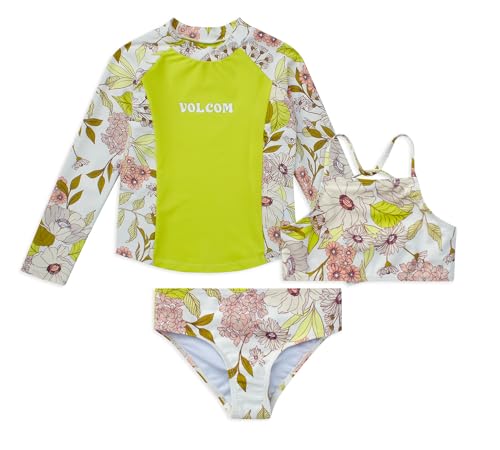 Image of Volcom Girls' Swimsuit Set - 3 Piece UPF50+ High Neck Bikini Top, Bikini Bottom and Matching Swim Shorts for Girls (2T-16)
