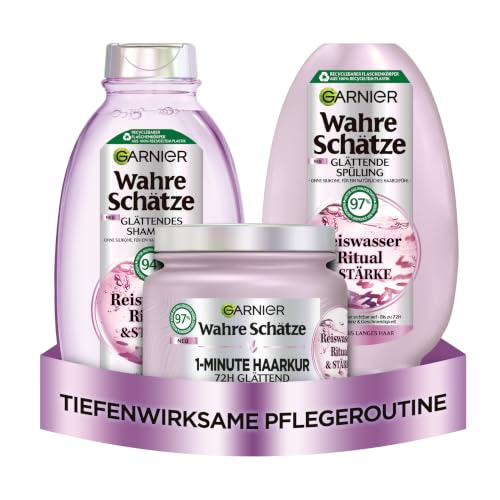 Garnier Wahre Schätze Glättendes Haarpflege-Set für mittellanges bis langes Haar Ritual & Stärke Reiswasser-Shampoo (250 ml) Reiswasser-Spülung (200 ml) Reiswasser 1-Minute Haarkur (340 ml)