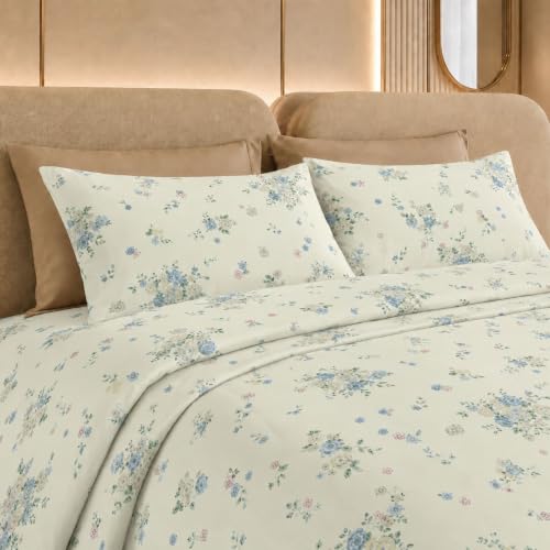 Image of Jaipur Weaves Cotton Percale King Size Bedsheet 108x108 Super King, 100% Pure Cotton Bed Sheet with 2 Pillow Covers, 300 TC Soft Breathable Floral Design Bedding (Floral Blue, Super King)