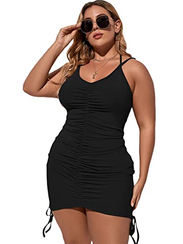 Romwe Women's Plus Size Casual Sleeveless Halter Bodycon Spaghetti Strap Short Tank Dress Black 3Xl #TOP2