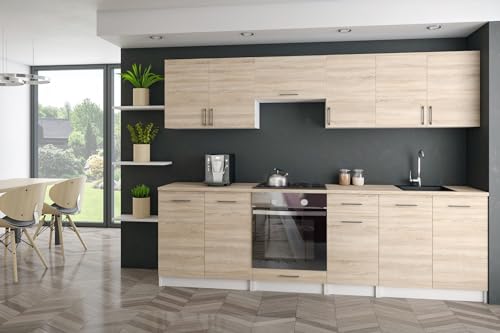 roe furniture Küchenzeile ohne Elektrogeräte - Modern Einbauküche 240 cm - Küche Komplett Leco - Küchenblock - Geräumige Singleküche - Küchenmöbel Komplett Sonoma