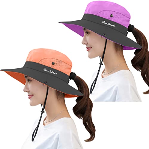 Zexian 2 Pieces Women's Sun Hat Uv Protection Ponytail Hat For Beach Fishing＆Hiking (Purple & Orange) #TOP17
