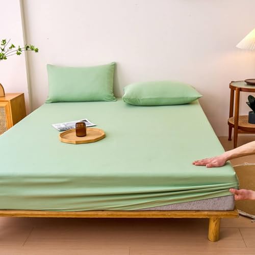 KnSam Sábana bajera ajustable con 2 fundas de almohada de 120 x 200 cm, juego de 3 piezas, transpirable, color verde, resistente a las arrugas y a la decoloración, colcha de poliéster para cama con