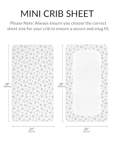 Image of Mini Crib Sheets for Baby Boy Girl 2 Pack, Neutral Mini Crib Mattress Sheet 24 inch x 38 inch, Muslin Nursery Bedding Soft and Breathable Comfort (Bluebell Bloom & Light Blue)