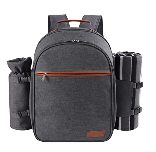 Apollo Walker Picnic Backpack Set For 2 Person With Cooler Compartment, Detachable Bottle/Wine Holder, Fleece Blanket, Plates And Cutlery Set (Dark Gray) #TOP7