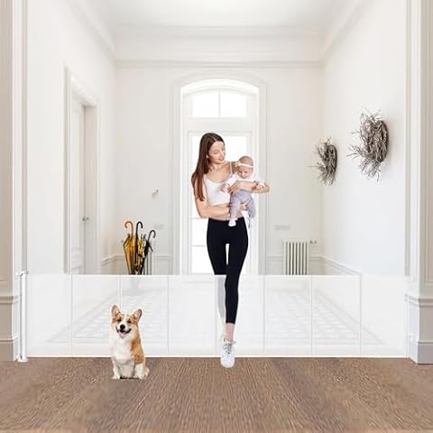 24" Tall X 100" Extra Wide Short Dog Gates to Step Over, Extra Long Short Pet Gate for Doorways, Small Puppy Gates for The House Mesh Doggie Gates for Indoors Outdoor, White Cover
