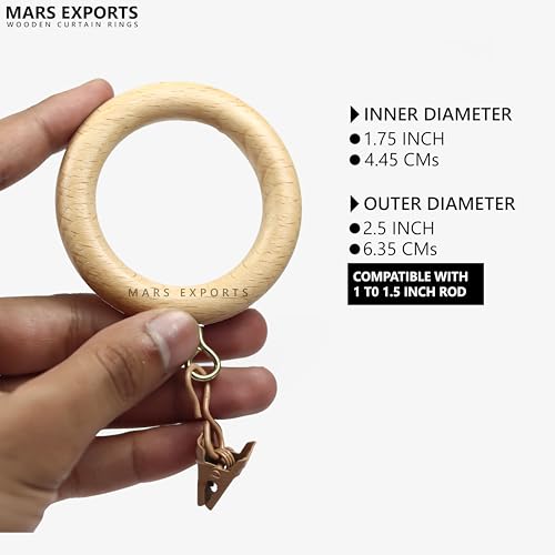 24pcs, 2.5 inch, Beachwood, Curtain Rings with Clips for 1-1.5 inch Rod, Window Shower Curtain Hooks, Wood Curtain Rod Rings with Clips, Curtain Rings with Eyelet, Drapery Rings. (1.75 INCH Inner Dia)