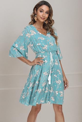 Image of VintageClothing Women's Floral Sundresses Flowy Boho Summer Beach Dress | Lightweight Breathable material,Elegant V Neck and Button Front Design,Flared Bell Sleeve Cut,Mini Casual dress