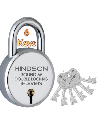 Hindson Round 65mm Padlock | Heavy Duty Metal Body Lock | Double Locking | 8 Steel Levers | 6 Silver Keys with Keychain | Silver Finish | Home Improvement | Made in India