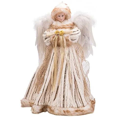 Redrubbit 16 inches Angel Tree Topper with Luxury Beige Dress Ruffle, Christmas Treetop Flying Angel Winged Diva Fairy Goddess Figurine Holiday Ornament Cover