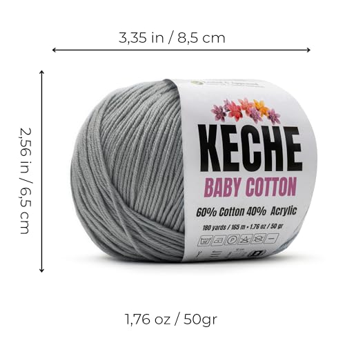 Image of Keche Baby Cotton, 60% Cotton 40% Acrylic Yarn, Soft Cotton Yarn for Crochet and Knitting, Amigurumi Yarn 1 Skein /Ball 1.76 Oz (50g) / 180 Yrds (165m) - Grey