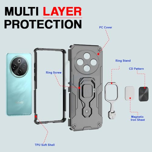 Image of AESTMO Armor Back Cover for Vivo T4 5G / iQOO Z10 5G | Ring Holder & Kickstand & Camera Protection in-Built | 360 Degree Protection Back Case Cover (Black)