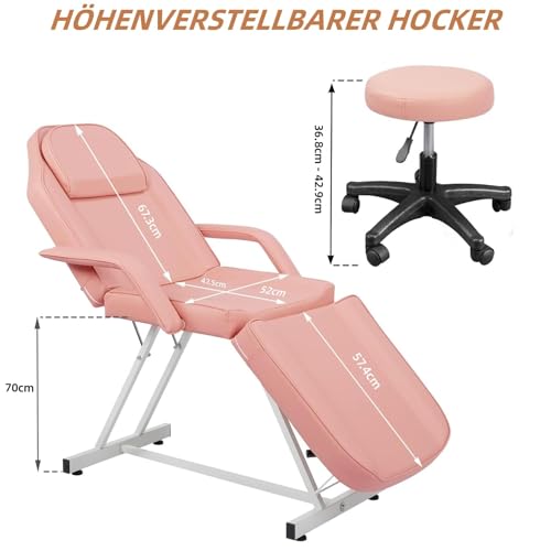 LEADZM Massageliege Klappbar Kosmetikliege mit Rollhocker 3 Zonen Höhenverstellbar Massagetisch Massagebett mit Rollhocker Drehhocker, Friseurstuhl für Friseur Spa Schönheitssalon Ausrüstung (Rosa)