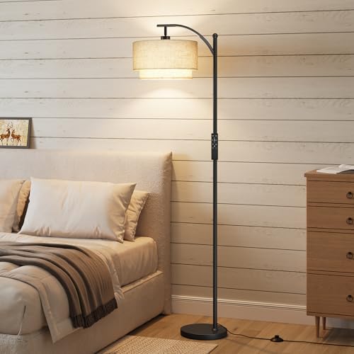 Image of SUNMORY Arc Floor Lamps for Living Room with 12W Remote and Dimmable Bulb | Modern Floor Lamps with Adjustable Double Fabric Shades Shades, LED Lamp, Boho Standing Lamp for Bedroom, Corner, Home Decor