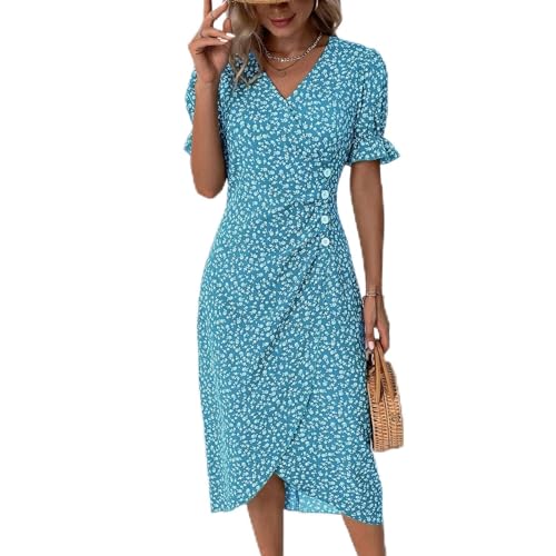 Women Beach Fashion 2026 Boho Trendy Cocktail Short Sleeve Spring Party Flowy Sundresses Evening Cotton Casual Holiday Summer Beach Formal Dress Vacation Vestido Elegante para Mujer XL A-Blue