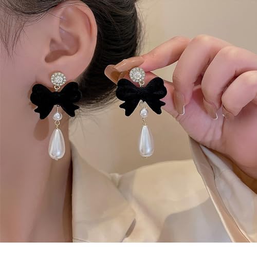 Bow Earrings for Women Pearl Stud Earrings Black Pearl Bow Dangle Drop Earring Trendy Flocking Tassel Jewelry Gifts for Women2