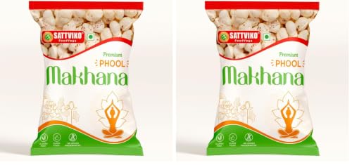 Image of Sattviko Premium Raw Plain Phool Makhana | Fox Nuts | Healthy Crunchy Snack | Gluten-Free, Protein-Rich, Low-Calorie Superfood | Ideal for Fasting & Guilt-Free Snacking (200 gm - Pack of 2)