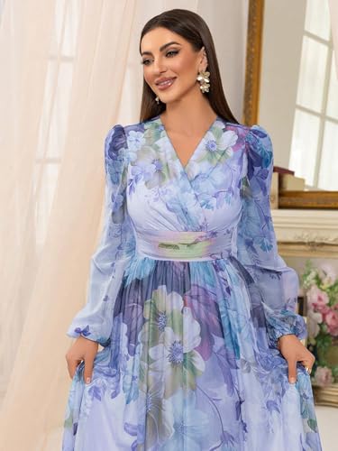 Image of TOLEEN Summer Casual Dresses for Women 2024 Spring Fashion Boho V Neck Long Sleeve Ruffle Floral Print Elegant Maxi Dress