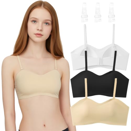 Mädchen Training BH Sport-BH 3er-Pack Bügellose Nahtloser Bandeau Unterwäsche Tanzballett Unsichtbares mit wandelbaren Trägern für 12-14 Jahre Teenager